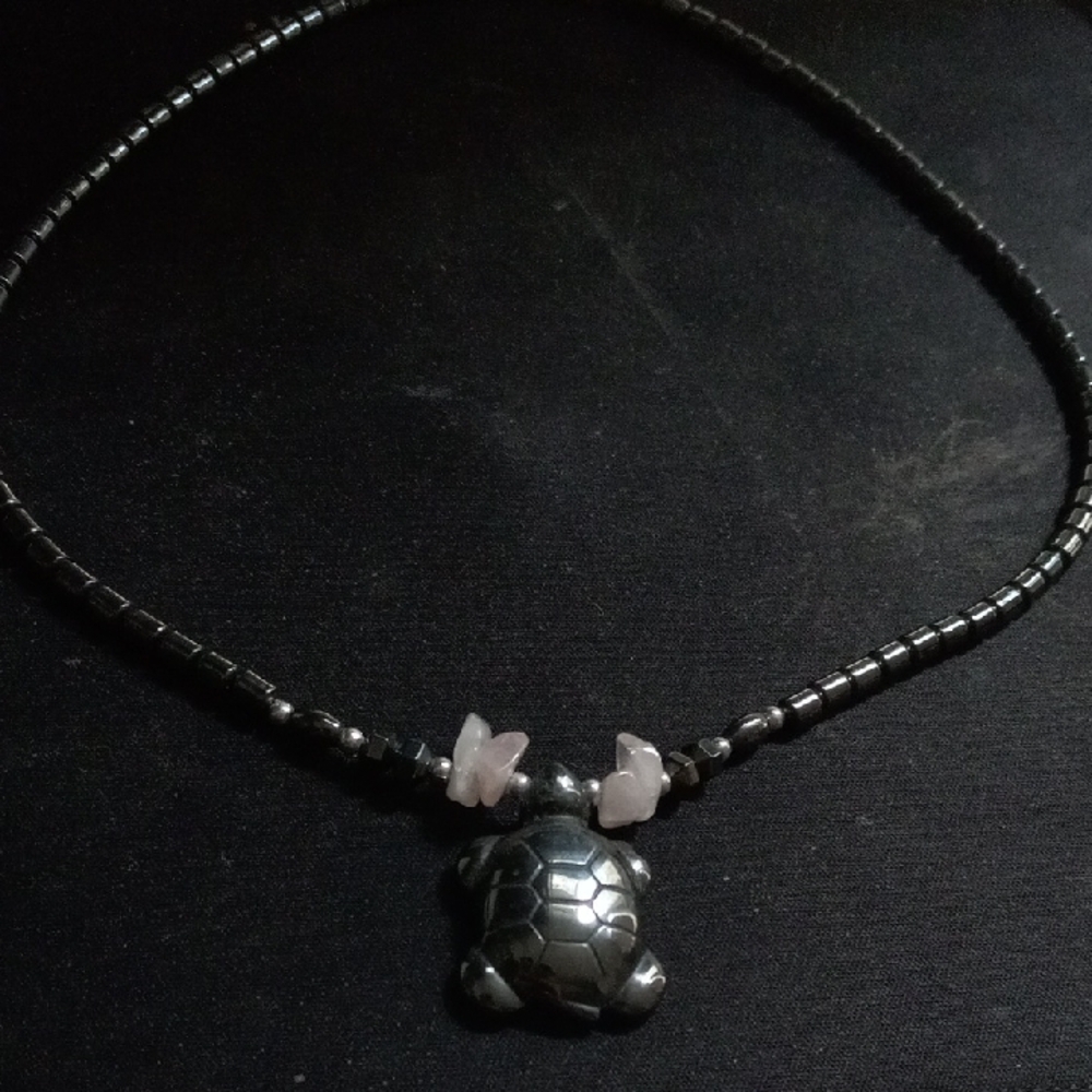Elegant Black and White Turtle Real Stone Pendant Necklace